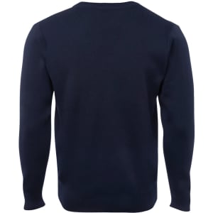 A navy blue knitted jumper with long sleeves and a crew neck, featuring a simple design and no visible logos.