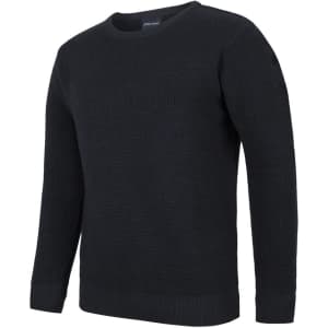 A black knitted crew neck jumper with long sleeves and ribbed detailing. It features a branding logo on the neck.
