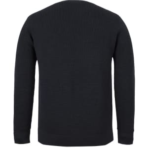 A knitted chunky crew neck jumper in black, featuring a textured pattern and a simple design on the back.