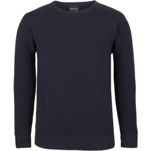 A navy blue knitted crew neck jumper with ribbed texture and long sleeves. It features a logo on the inner neck.