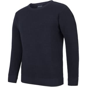 A chunky crew neck jumper in dark navy with a textured knit design. It has fitted cuffs and a simple silhouette.