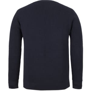 A chunky navy knitted jumper with a crew neck and long sleeves, featuring a back view and a plain design.