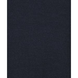 A navy blue chunky knitted jumper featuring ribbed texture and a crew neck design. It includes a logo.