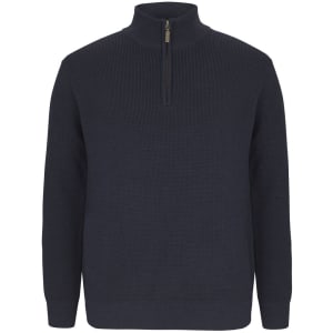 A navy chunky 1/2 zip jumper with a ribbed texture and a zippered collar. Includes a logo on the garment.