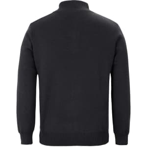 A black knitted men's jumper featuring a half zip and a high neckline, with a smooth, simple design.