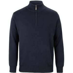 A dark navy knitted jumper featuring a half zip and long sleeves, designed for a corporate look.
