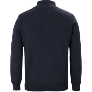 A navy knitted jumper featuring a half-zip collar and a ribbed hem, showcasing a plain design and a logo.