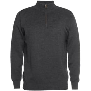 A grey knitted half-zip jumper featuring long sleeves and a high collar. It has a branding logo on it.