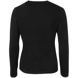 A black ladies' knitted cardigan featuring long sleeves and a round neck, with a logo on the back.
