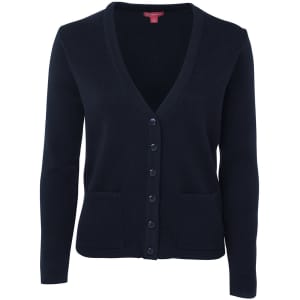 A navy knitted cardigan with a V-neck, button closure, and two front pockets. It includes a brand logo.