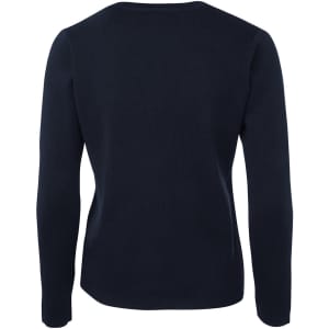 A back view of a navy knitted cardigan, featuring long sleeves and a fitted design. The garment has a logo.