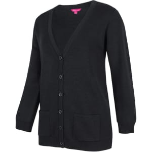 A black cardigan with a V-neck, button-down front, and two front pockets. It features a logo.