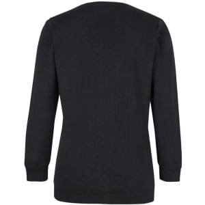 A black ladies' cardigan with long sleeves, featuring a simple design and a logo.