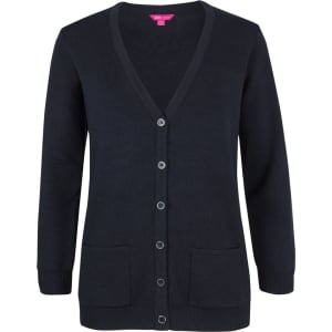 A navy cardigan with a v-neck, button-up front, and pockets, featuring a logo on the tag.