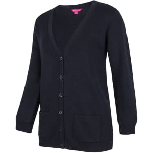 A dark navy cardigan with a V-neck, buttons down the front, and two front pockets. It has a branding logo.