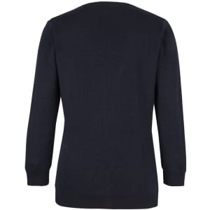 A navy blue cardigan with long sleeves and a simple design, featuring a logo. Back view shown.