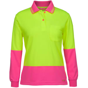 A long-sleeve polo shirt in lime green and hot pink, featuring a pocket and a logo.