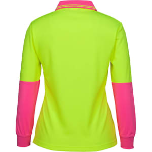 A lime green and pink long-sleeved polo shirt with a collar and contrasting sleeves, featuring a logo.