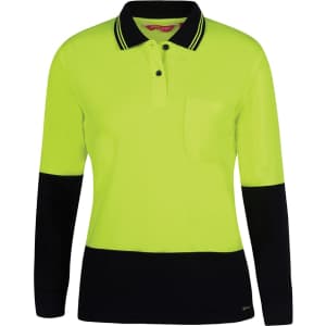 A long-sleeve polo shirt in lime with navy accents, featuring a pocket and a logo.