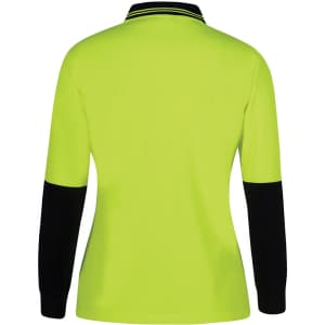 A lime green long-sleeve polo shirt with black sleeves and a collar featuring branding.