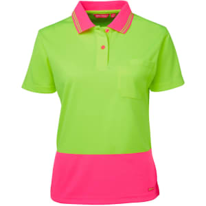 A ladies' short-sleeve polo shirt in vibrant neon green with a pink lower panel and a chest pocket. It features a logo.