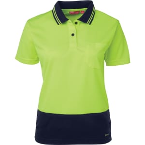 A bright yellow and navy blue ladies' short sleeve polo shirt with a pocket and a logo.