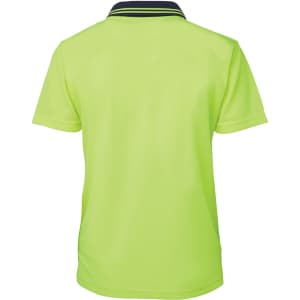 A short-sleeved polo shirt in bright yellow with a dark collar and a branding logo on the back.