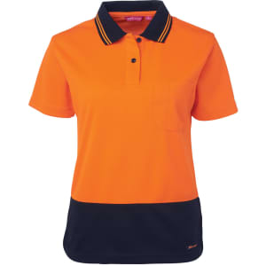 An orange and navy short-sleeve polo shirt with a collar and a front pocket, featuring a logo.