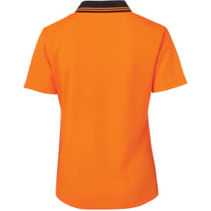 A short-sleeved women's polo shirt in vibrant orange with a black collar and contrasting stripes. It features a logo.