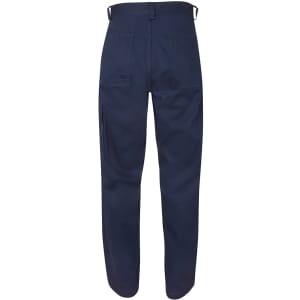 Navy cargo pants featuring multiple pockets and a logo, shown from the back.