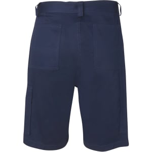 Light navy cargo shorts featuring multiple pockets and a simple design on the back. Includes a logo.
