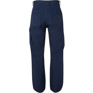 Navy cargo pants featuring a straight leg design and multiple pockets, with a visible logo.