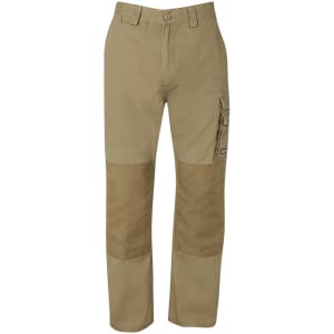 A pair of beige cargo pants with side pockets and reinforced patchwork on the lower legs. Features a small branding logo.