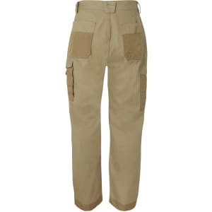 A pair of navy cargo pants featuring multiple pockets and a logo. The pants have a straight-leg design.