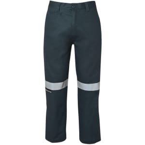 A pair of dark green work trousers featuring reflective tape on the legs and a logo on the fabric.