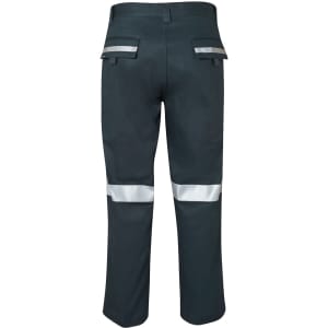 Work trousers in dark green with reflective tape on the legs. Features pockets and a logo on the waistband.