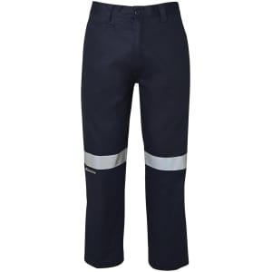 Navy work trousers featuring reflective tape accents, designed for visibility and safety. Includes a logo on the leg.
