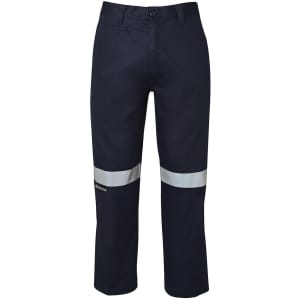 Navy work trousers featuring reflective tape on the lower legs and a logo. Suitable for workwear.