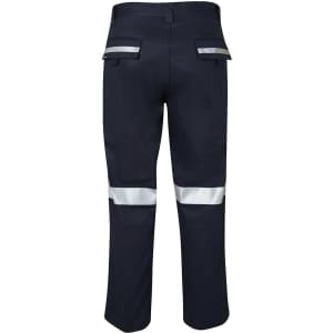 Navy work trousers featuring reflective tape on the legs and pockets, with a logo on the back.