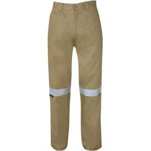 Light brown work trousers featuring reflective tape along the legs, designed for safety and visibility.