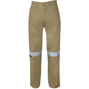 Khaki work trousers featuring reflective tape accents, designed for safety and visibility, with a branded logo.