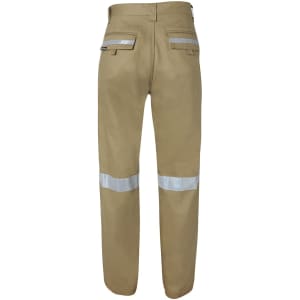 Work trousers in khaki with reflective tape on the legs. Features pockets and a logo on the back.