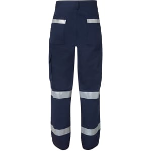 Navy work pants with multiple pockets and reflective tape, featuring a logo on the waistband.