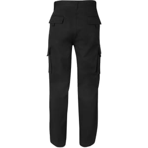 Black cargo pants featuring side pockets and a straight-leg fit, with a logo on the waistband.