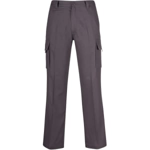 Grey cargo pants with multiple side pockets and a button closure. Includes a logo on the waistband.