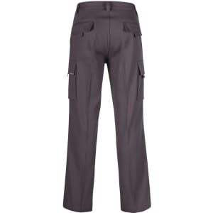 Dark grey cargo pants featuring multiple pockets and a straight-leg design. They have a branded logo.