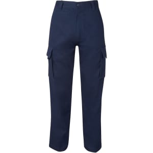 Navy cargo pants featuring side pockets and a button closure, designed with a straight-leg cut.