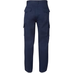 Navy cargo pants featuring multiple side pockets and a plain design, with a logo on the waistband.