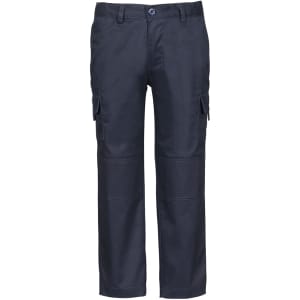 Navy cargo pants featuring multiple pockets and a logo on the waistband.