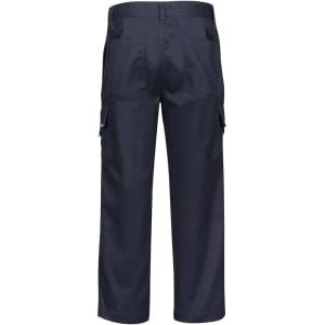 Cargo pants in a navy colour with two side pockets and two back pockets, featuring a simple design and a logo.